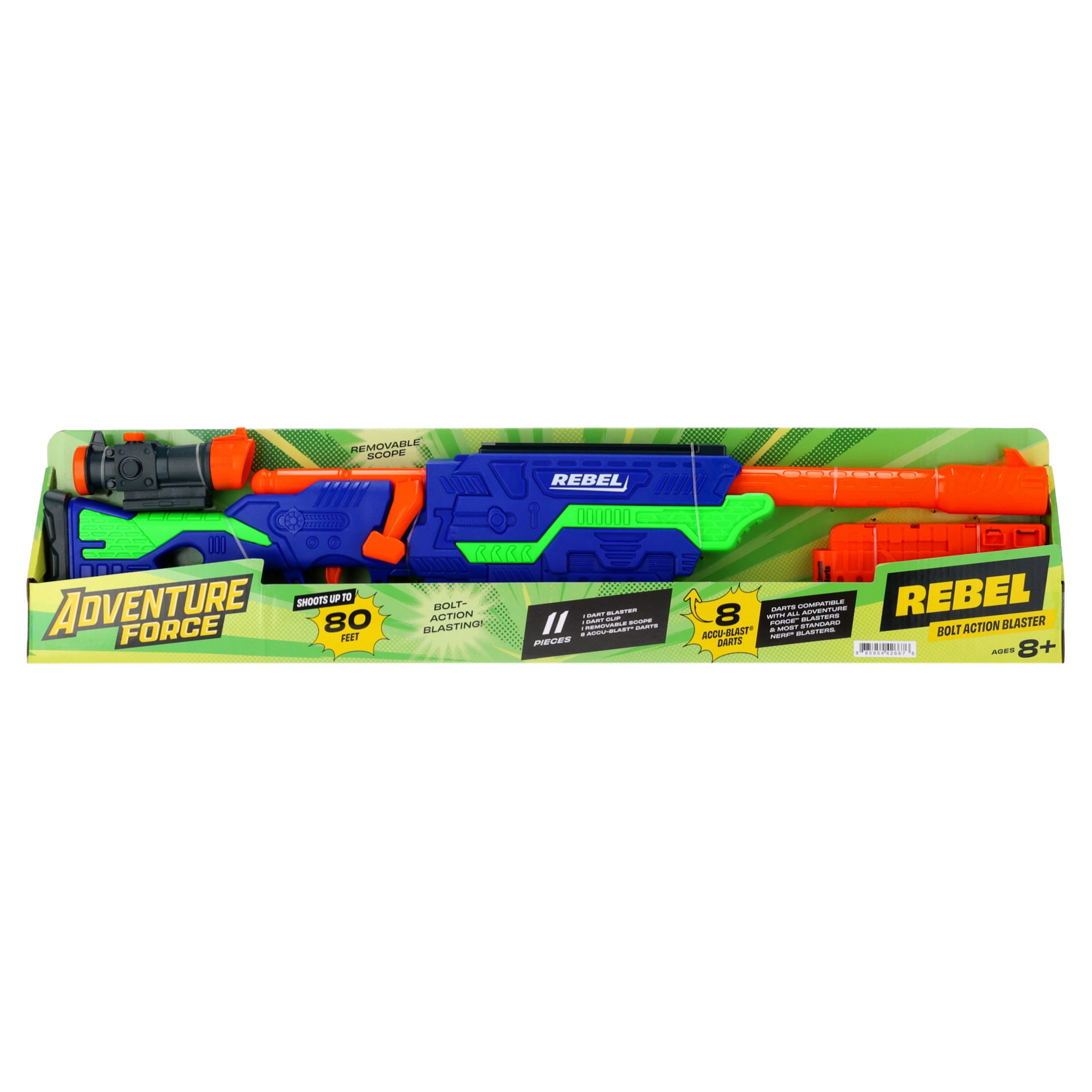 Adventure Force Rebel Foam Dart Blaster Set, Bolt-Action Clip-Fed Design, 1 Blaster with 8 Accu-Blast Darts, Clip and Detachable Scope, Compatible with Most Standard Nerf Blasters, Ages 8+