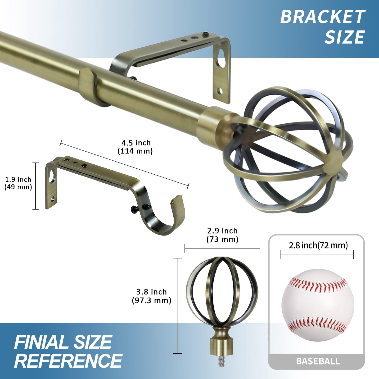 Urbanest 3/4" Diameter Designer Steel Cage Single Curtain Rod – Heavy Metal Decorative Finials, Drapery Hardware for Window Treatments, 84" to 120", Antique Brass