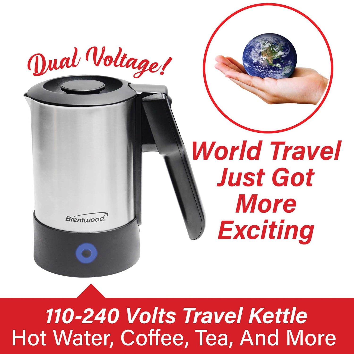 Brentwood 1000-Watt 20-Oz. Dual-Voltage Stainless Steel Electric Travel Kettle, Automatic Shutoff