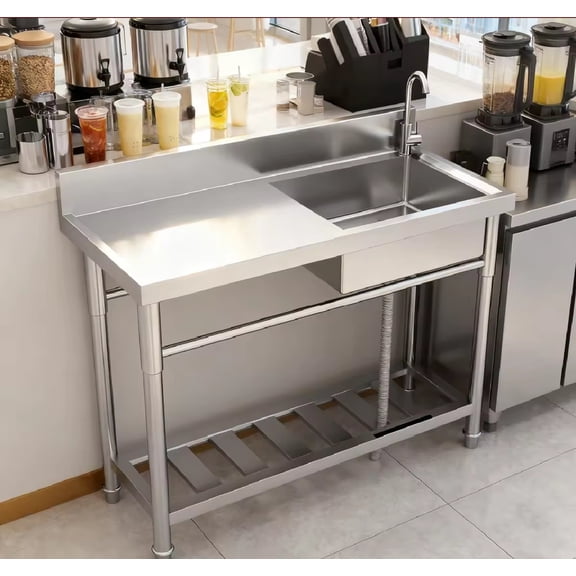 47 Inch Free Standing Sink, Single Bowl Stainless Steel Utility Sink with Cold/Hot Water Pipe, Storage Rack, Faucet and Adjustable Legs, for Laundry Room, Kitchen, Garage, Outdoor Use, NSF