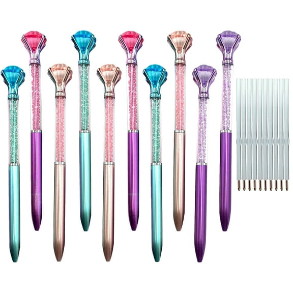 WuPing 10 Pcs Exquisite Metal Ballpoint Pens and 10 Pcs Black Ink Replacement Ballpoint Pen Refill, 0.75mm Black Ink Rhinestone Ballpoint Pens, Office Gifts