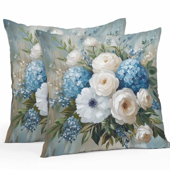Waterproof Throw Pillow Covers Set of 2, 20x20 Inch Spring Floral Decorative Pillowcases Outdoor Pillow Slip Cushion Covers Set for Couch Tent White Blue Summer Botanical Watercolor