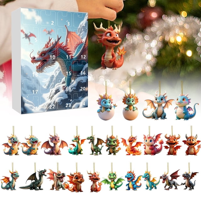 CREATITOY Christmas Advent Calendar & Dragon Baby Ornaments - Dinosaur/Fire Dragon Hanging Decor for Home Christmas Tree, Holiday Countdown & Festive Display
