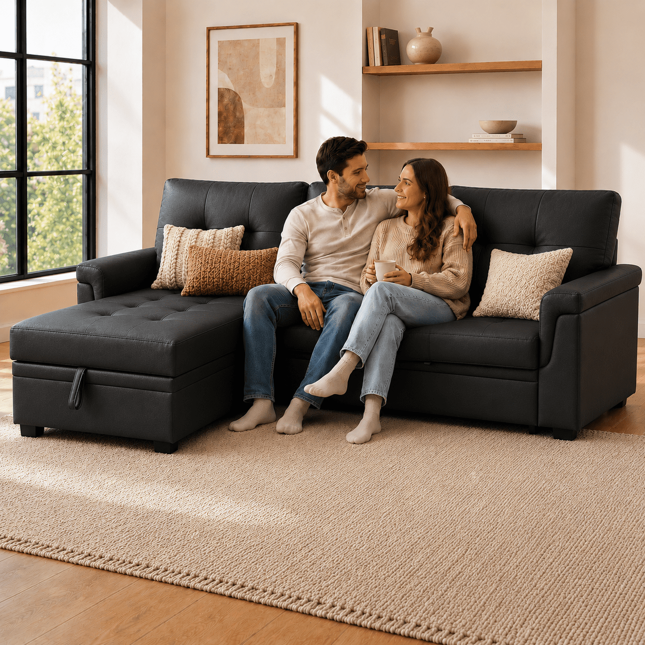 Naomi Home Laura Modern L-Shaped Air Leather Sleeper and Storage Sectional Sofa, Black