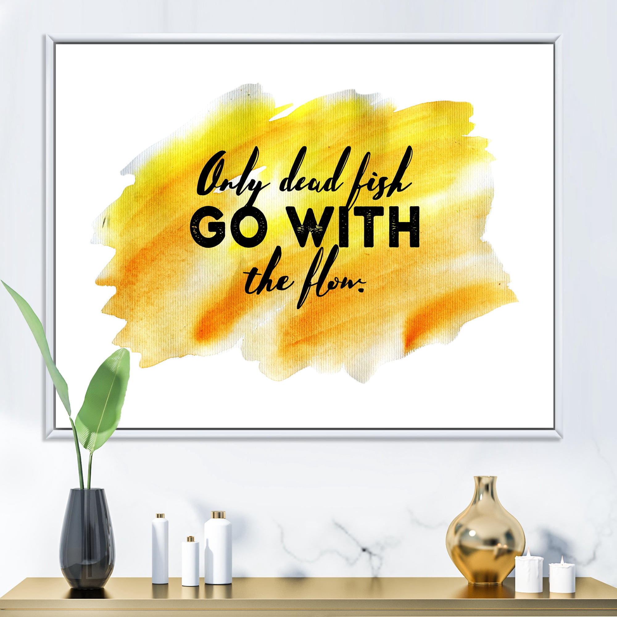 Designart 'Only Dead Fish Go With The Flow On Yellow Strokes' Modern Framed Canvas Wall Art Print