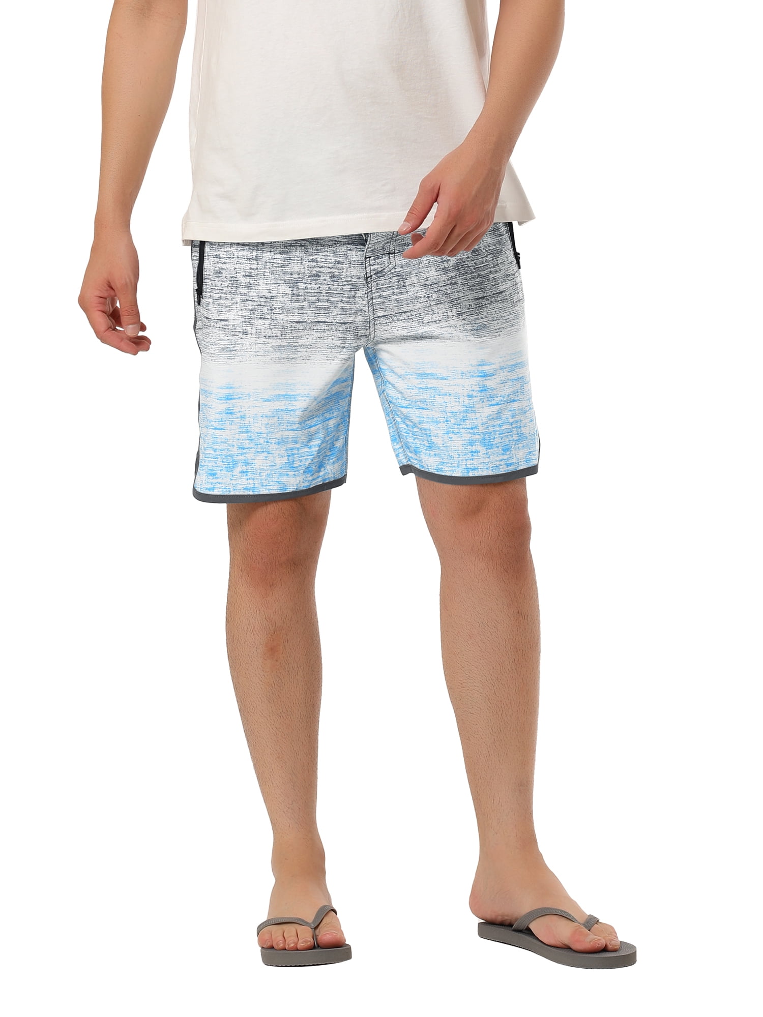 Unique Bargains Men's Summer Printed Drawstring Color Block Swim Beach Shorts 36 Gray Blue