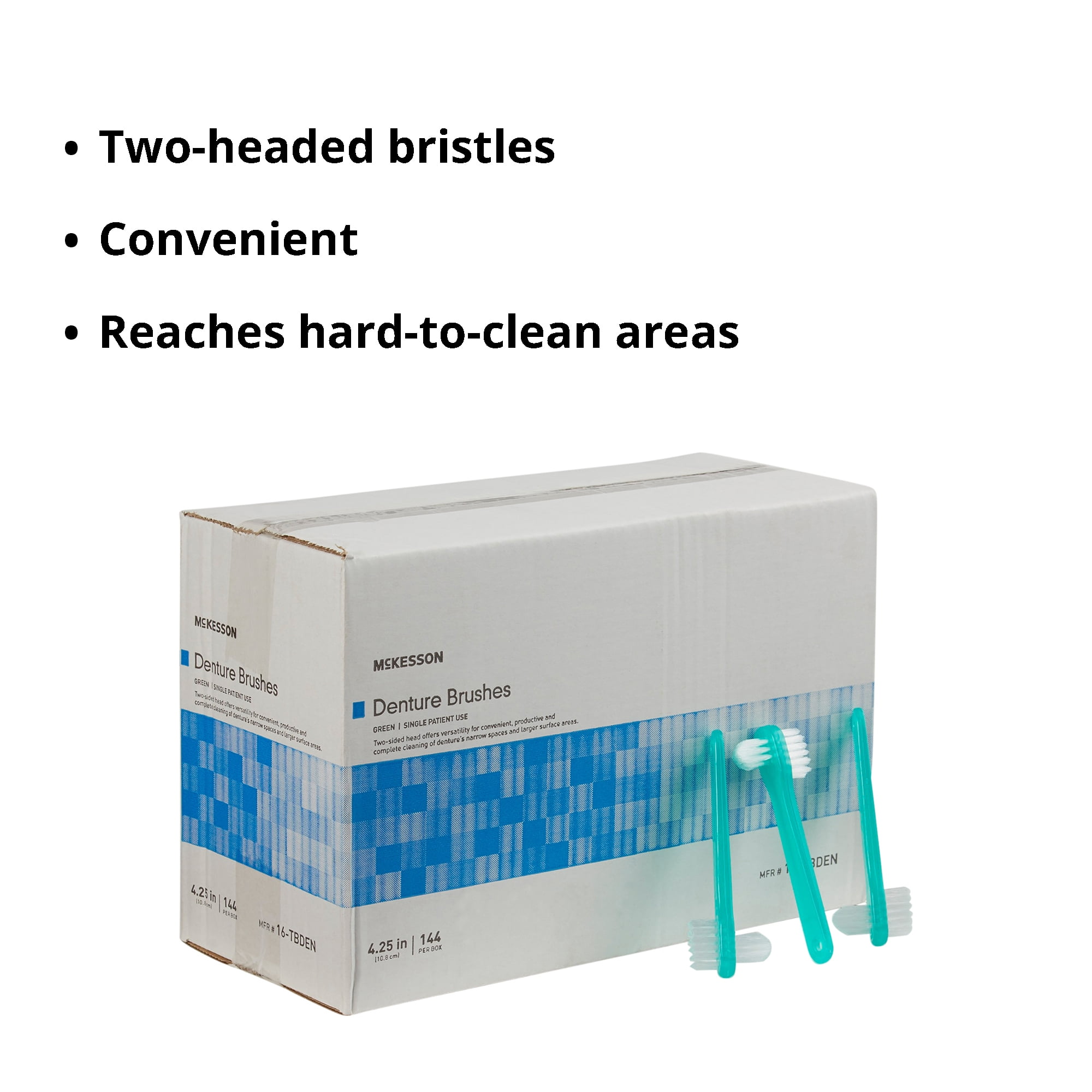 McKesson Denture Brushes, Two-Sided - Green, 4.25 in L, 144 Ct