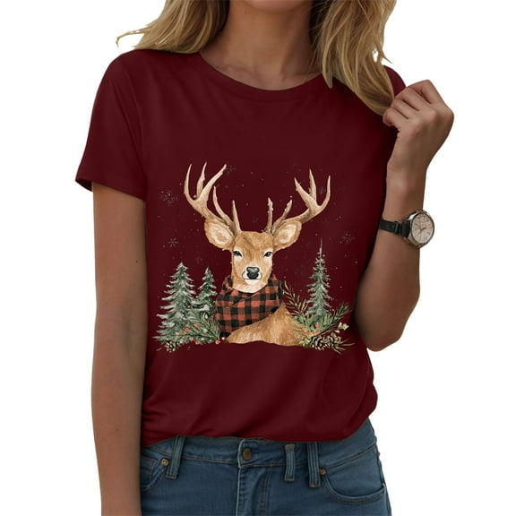 larppty Women Short Sleeve Christmas Reindeer Graphic Crew Neck T-Shirt (Wine, M)