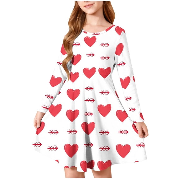 Levmjia Girls 4-14 Years Valentine's Day Long Sleeve Round Neck Ballet Dress Practice Leotard Glitter Heart Print Kids Dance Costume