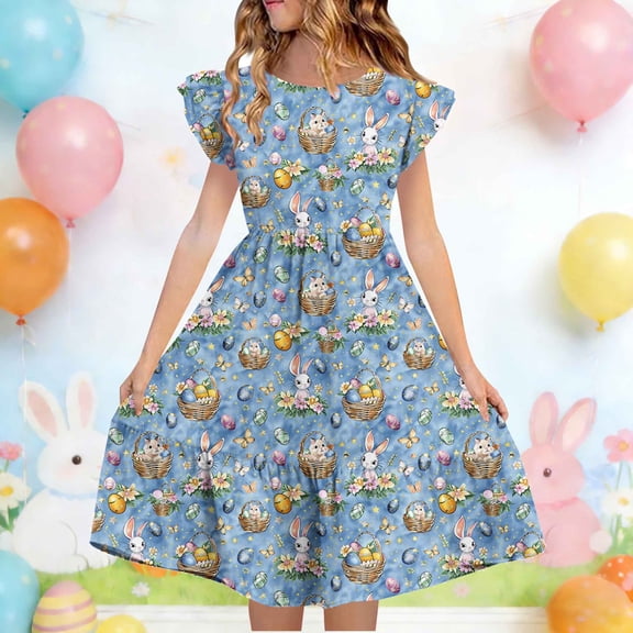 Xdegoge Kids Girls's Easter Bunny Basket Dress Midi Tiered A Line Crewneck Ruffle Sleeve Tween Summer Sundress Flowy Flattering Lightweight Holiday Theme Party Casual Wear for Teen
