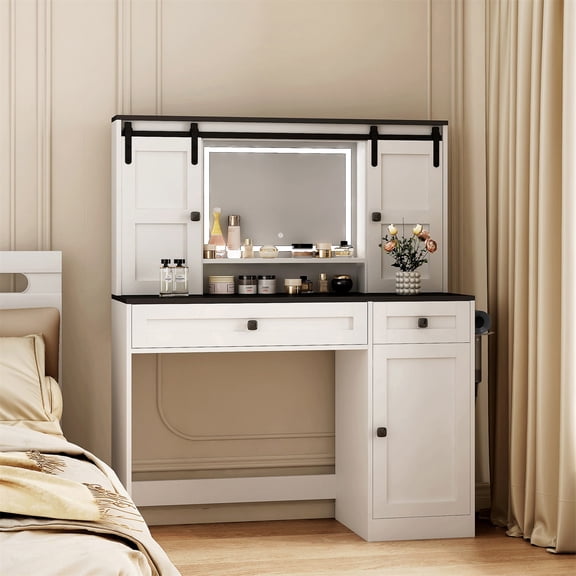 Hommoo Farmhouse Makeup Vanity Table with Lighted Mirror and Makeup Drawer, 43" Wide Dressing Table with Hair Dryer Holder for Bedroom, White &Black