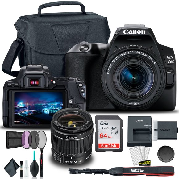 Canon EOS 250D / Rebel SL3 DSLR Camera with 18-55mm Lens (Black) + Creative Filter Set, EOS Camera Bag + Sandisk Ultra 64GB Card + Cleaning Set, and More (International Model)