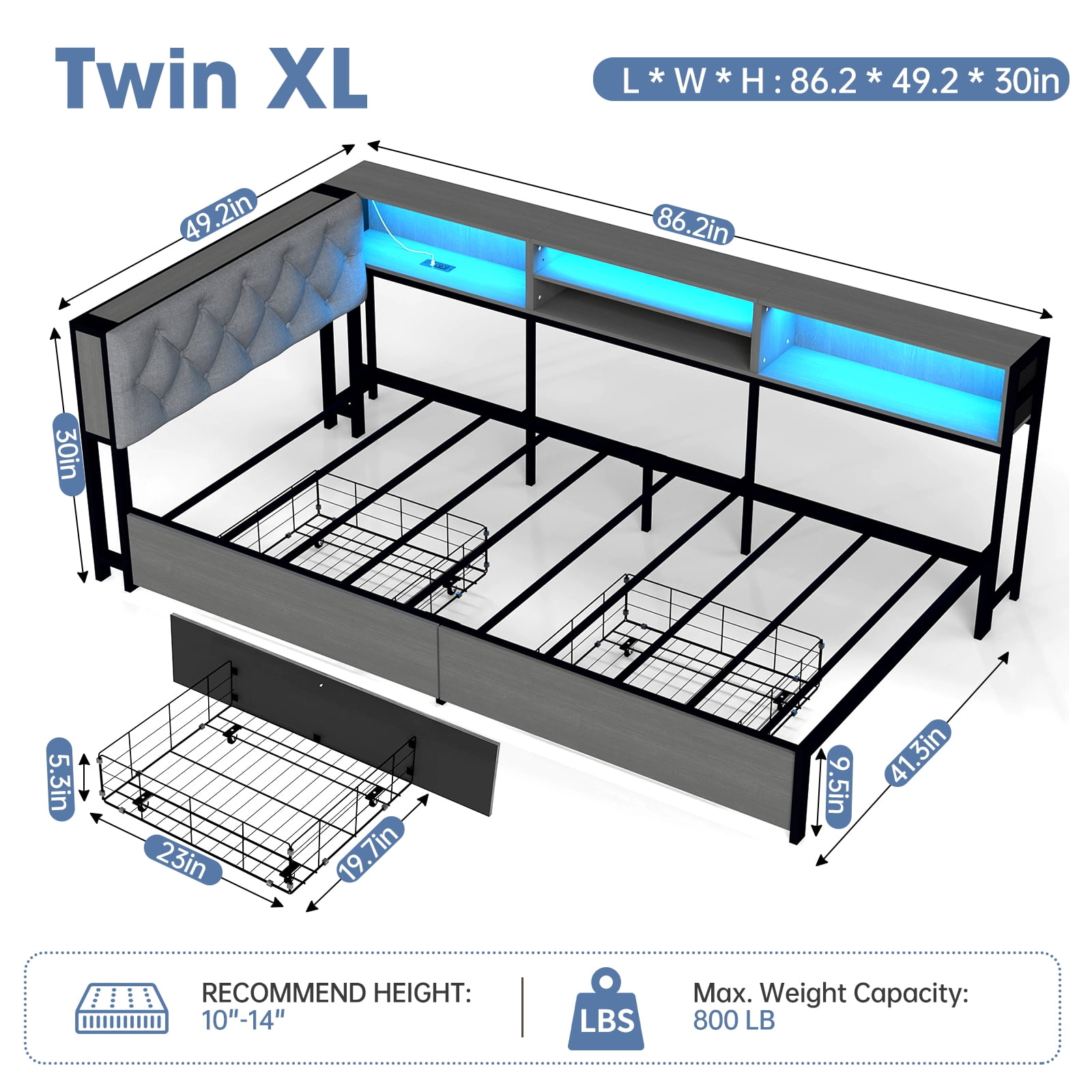 Leumius Twin XL Size Corner Daybed Frame, Upholstered Headboard with Bookcase Storage, 2 Drawers LED Lights & Charging Station, Noise‑Free Metal Bed Frame Gray