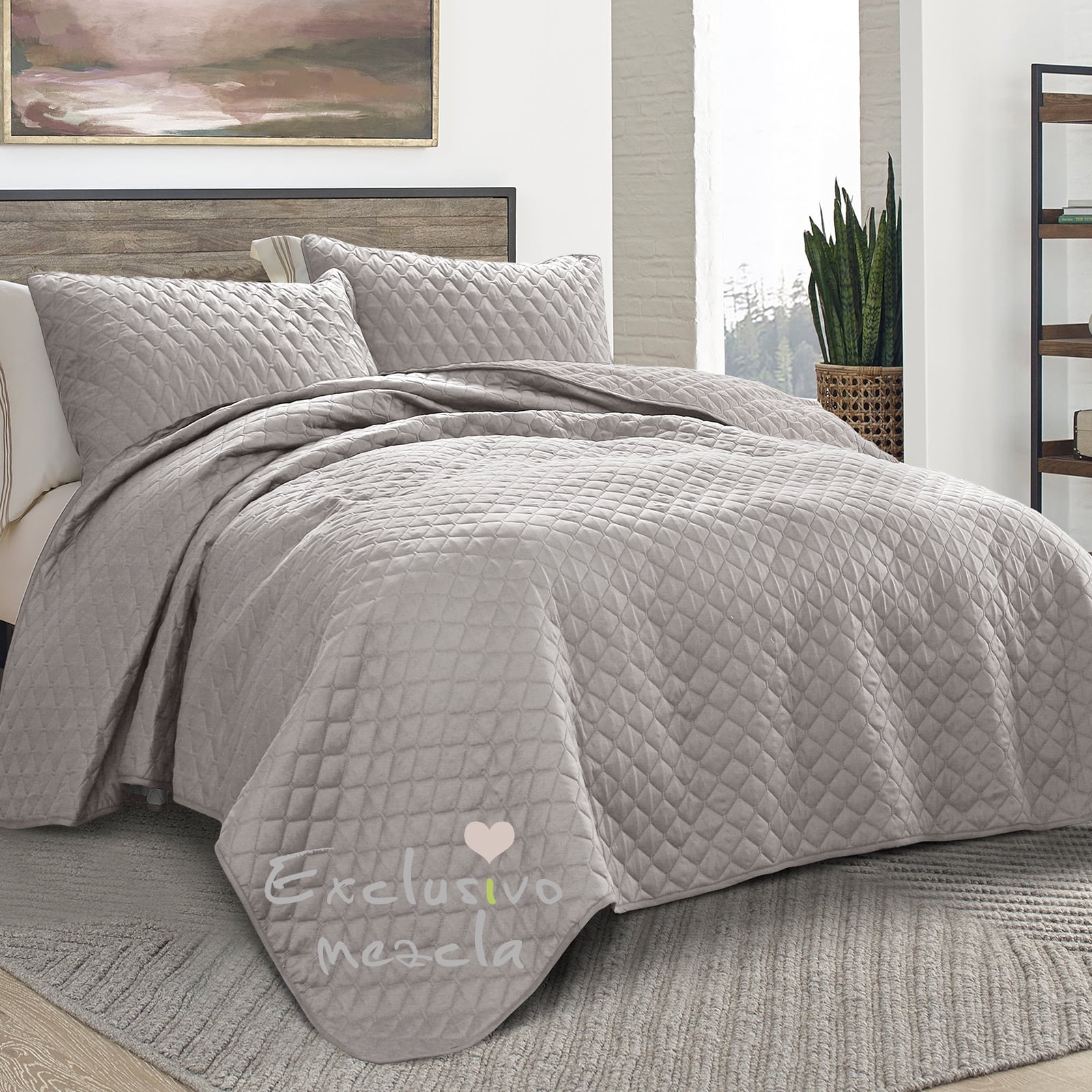 Exclusivo Mezcla King Size Quilt Set, 3-Piece Lightweight King Quilts Soft Bedspreads Bed Coverlets, Light Grey, 104"x96"