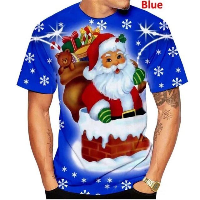 Camiseta de Navidad con estampado 3D para hombre, camisa de manga corta Unisex, informal, dibujos animados de Papá Noel, regalo divertido para niños