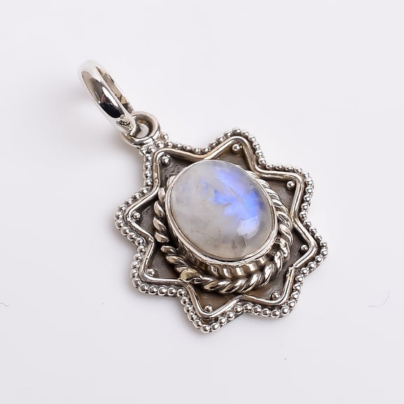 SATYAVIE JEWELLERY 925 Sterling Silver Oxidised Pendant, Handmade Silver Pendant Natural Rainbow Moonstone Pendant