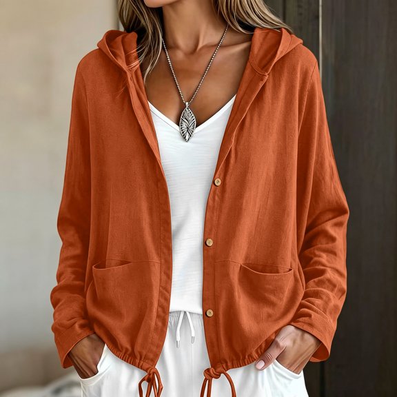 IUYRTFE Women's Cotton Linen Zip Up Hooded Jacket Long Sleeve Relaxed Fit Casual Lightweight Coat