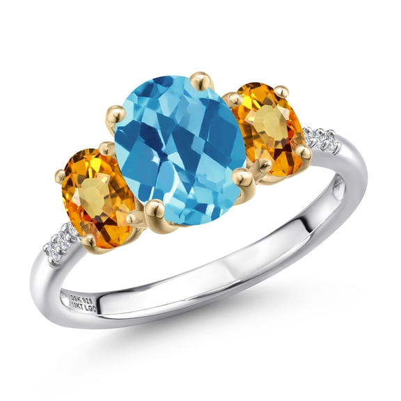 Gem Stone King 925 Silver and 10K Yellow Gold Swiss Blue Topaz and Yellow Sapphire and Lab Grown Diamond Engagement Ring for Women | 3.54 Cttw | Oval Checkerboard 9X7MM | November Birthstone | Size 8
