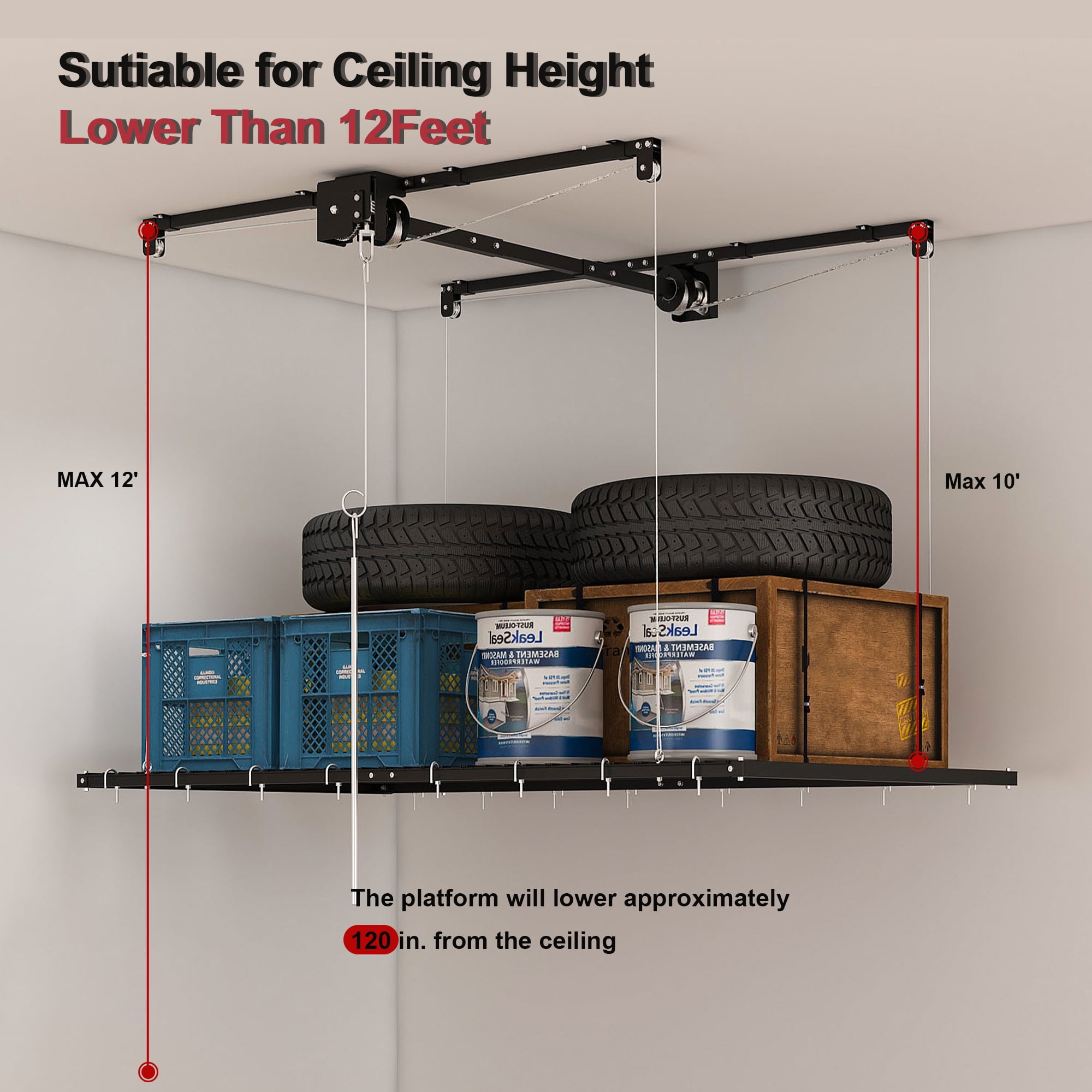 Aukfa 4x4 ft Ceiling Mounted Garage Storage Rack with Crank-Down System, 250 lbs Heavy Duty Overhead Storage Lift for Tires & Tools, Black
