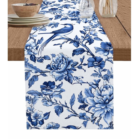 Blue Spring Floral Burlap Cotton Table Runner 13x72 Inches Long, Summer Botanical Bird Farmhouse Table Runners, Outdoor Dining Tablecloths Decor for Baby Shower/Party/Wedding