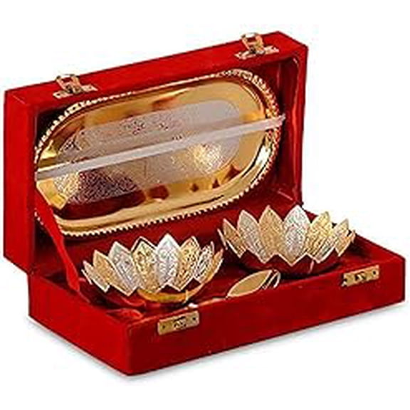 iKonbi Fancy Metal Gold and Silver Plated Floral Flower Shape 5 Pieces Set 2 Bowls 2 Spoons 1 Tray in Red Velvet Box Ideal for dryfruits Party Prop Also Known as pandan