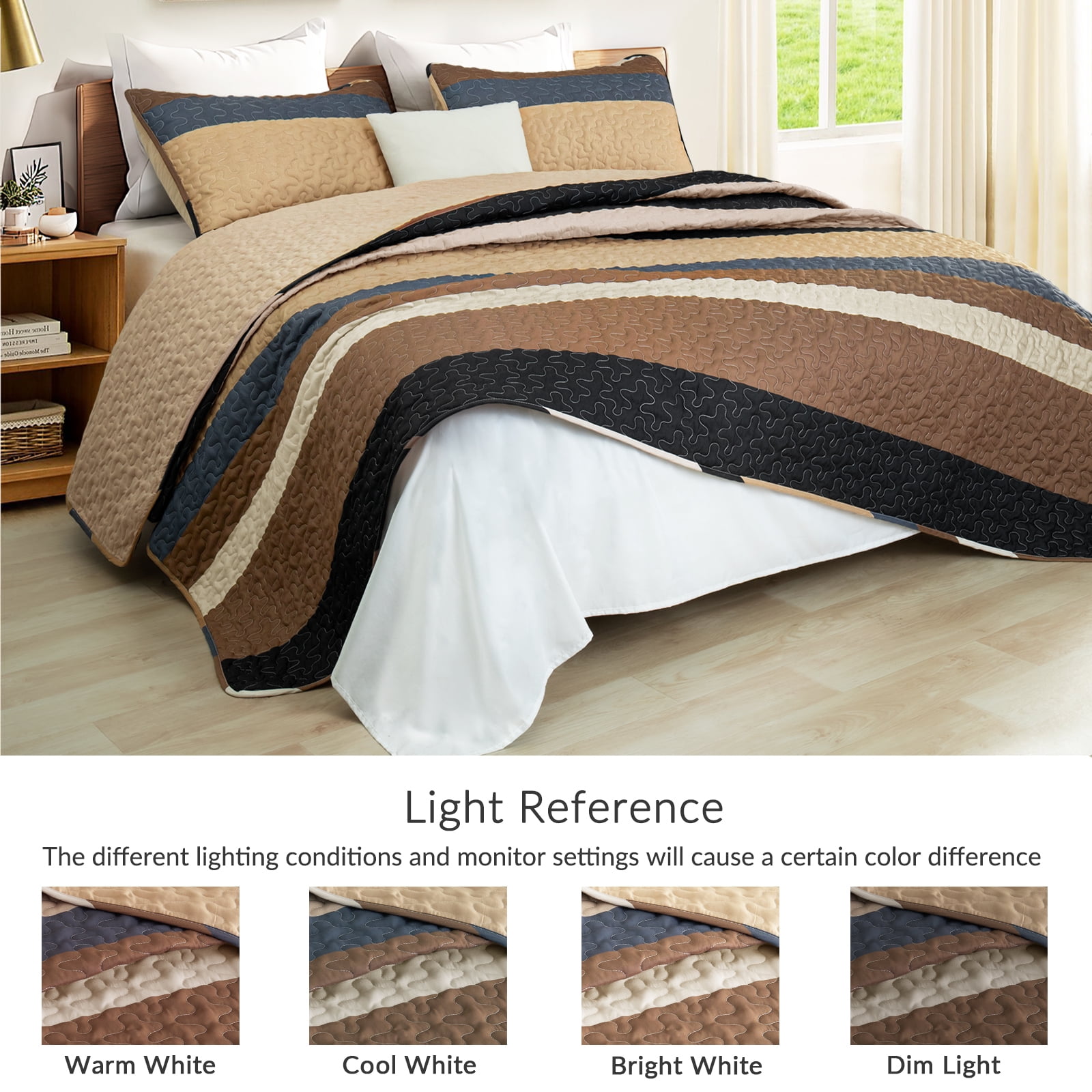 Whale Flotilla Reversible Ultra Soft Printed Quilts Queen Size, Lightweight Patchwork Geometric Stripes Bedspreads Coverlets Queen Quilt Bedding Set with 2 Pillow Shams for All Seasons, Camel