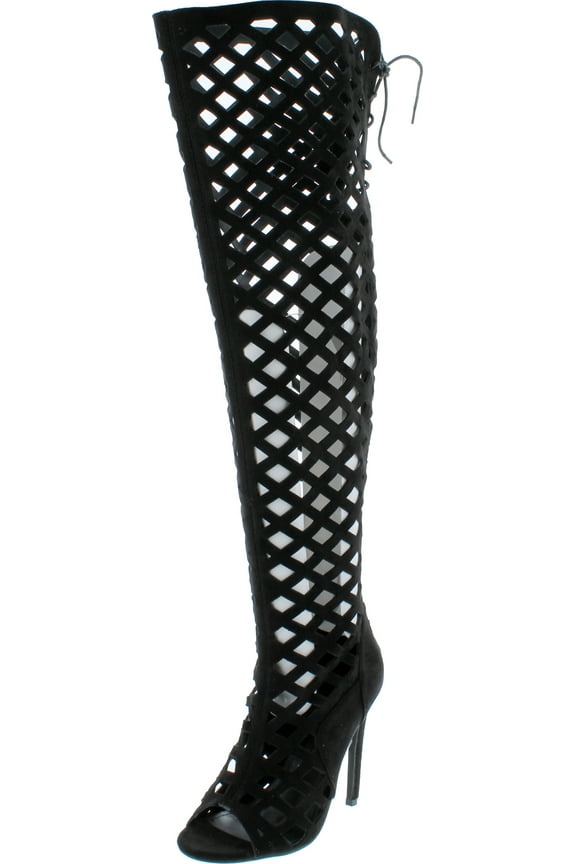 CR Elnora Gladiator Open Toe Lace Back Full Zipper Thigh High Stiletto Heel Boot Black