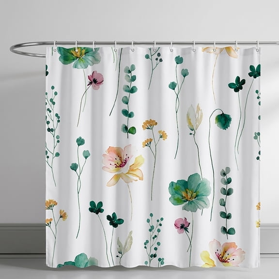 Watercolor Floral Shower Curtain, Sage Green Beige Flower Shower Curtain for Bathroom, Modern Minimalist White Waterproof Fabric Shower Curtain Set with Hooks 72x72 Inch