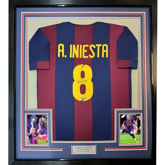 Framed Facsimile Autographed Andres Iniesta 35x39 FC Barcelona Blue/Red Reprint Laser Auto Soccer Jersey