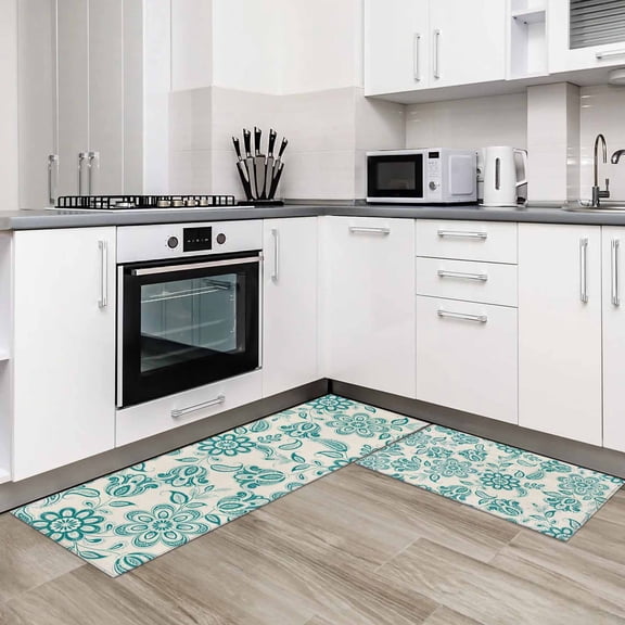 Teal Flowers 2 Pieces Non-Slip Kitchen Mat Set Vintage Ethnic Tribe Country Farmhouse Soft Door Mat with Rubber Backing,Dirtproof Rugs for Entrance Doorway 19.7x31.5in 19.7x47.2in