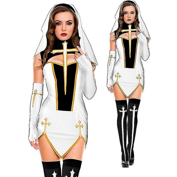 Sexy Nun Senior Costume Carnival Halloween Church Religious Convent Cosplay Fancy Party Dress