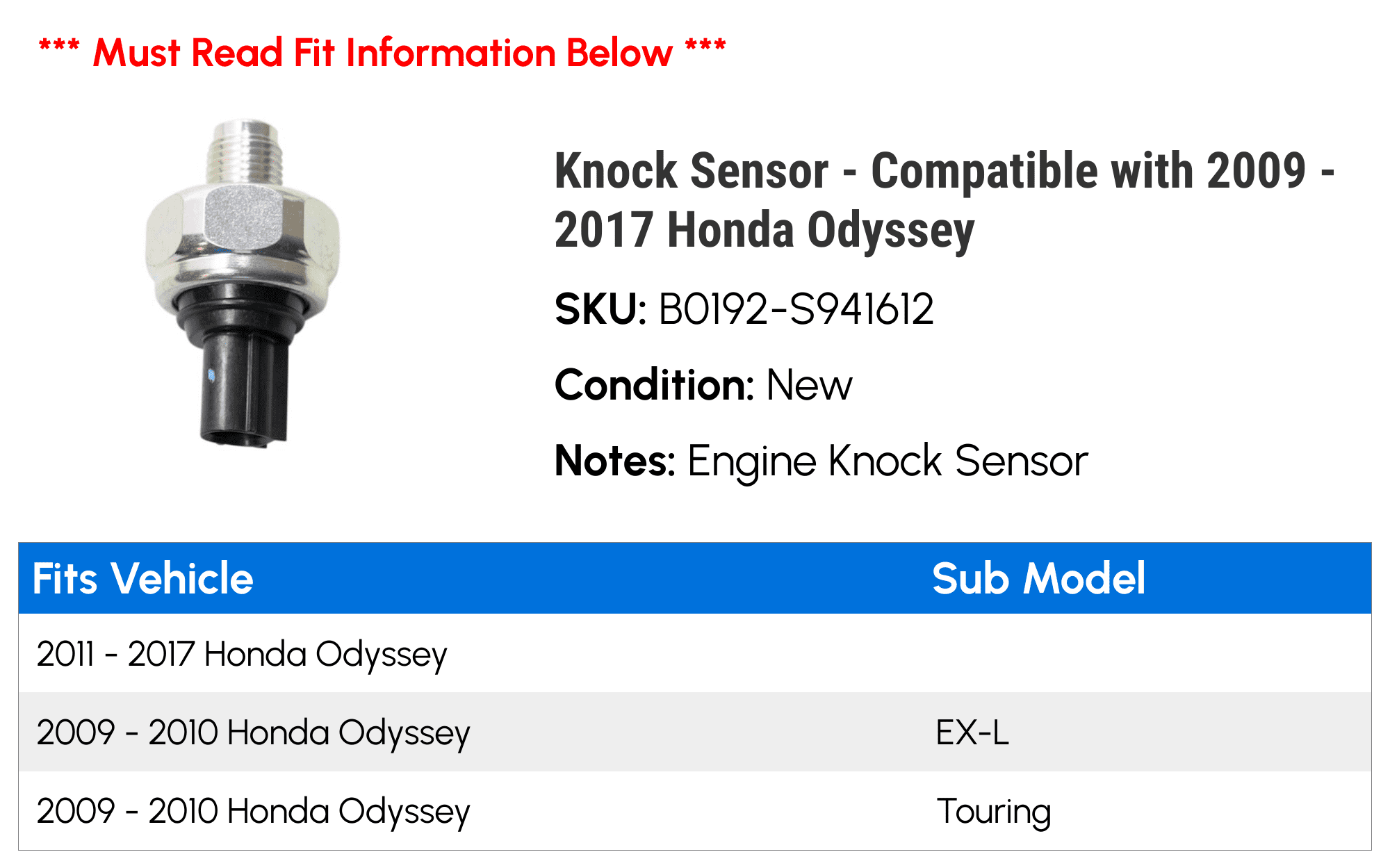 Knock Sensor - Compatible with 2009 - 2017 Honda Odyssey 2010 2011 2012 2013 2014 2015 2016