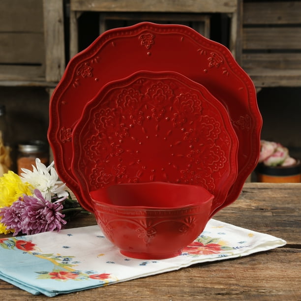 The Pioneer Woman Farmhouse Lace 12Piece Dinnerware Set, Red