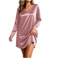thumbnail image 2 of Guieoi Womens Dresses Long Sleeve Solid-Color Satin V-Neck Loungewear Nightgown Long Nightgown Midi Dress Pink XL, 2 of 8