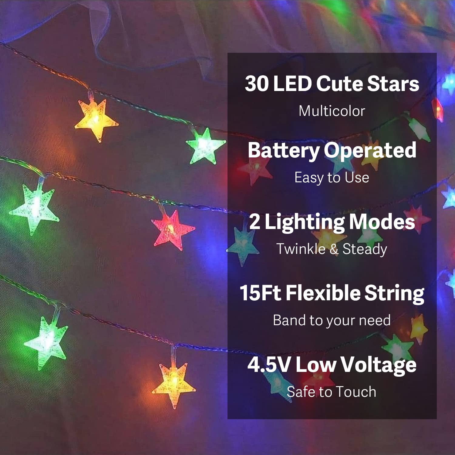 Star String Lights 15 FT 30 LED Fairy Christmas Light Battery Operated Indoor Outdoor Twinkle Lights Bedroom Decor for Party Wedding Xmas Tree (Multicolor)