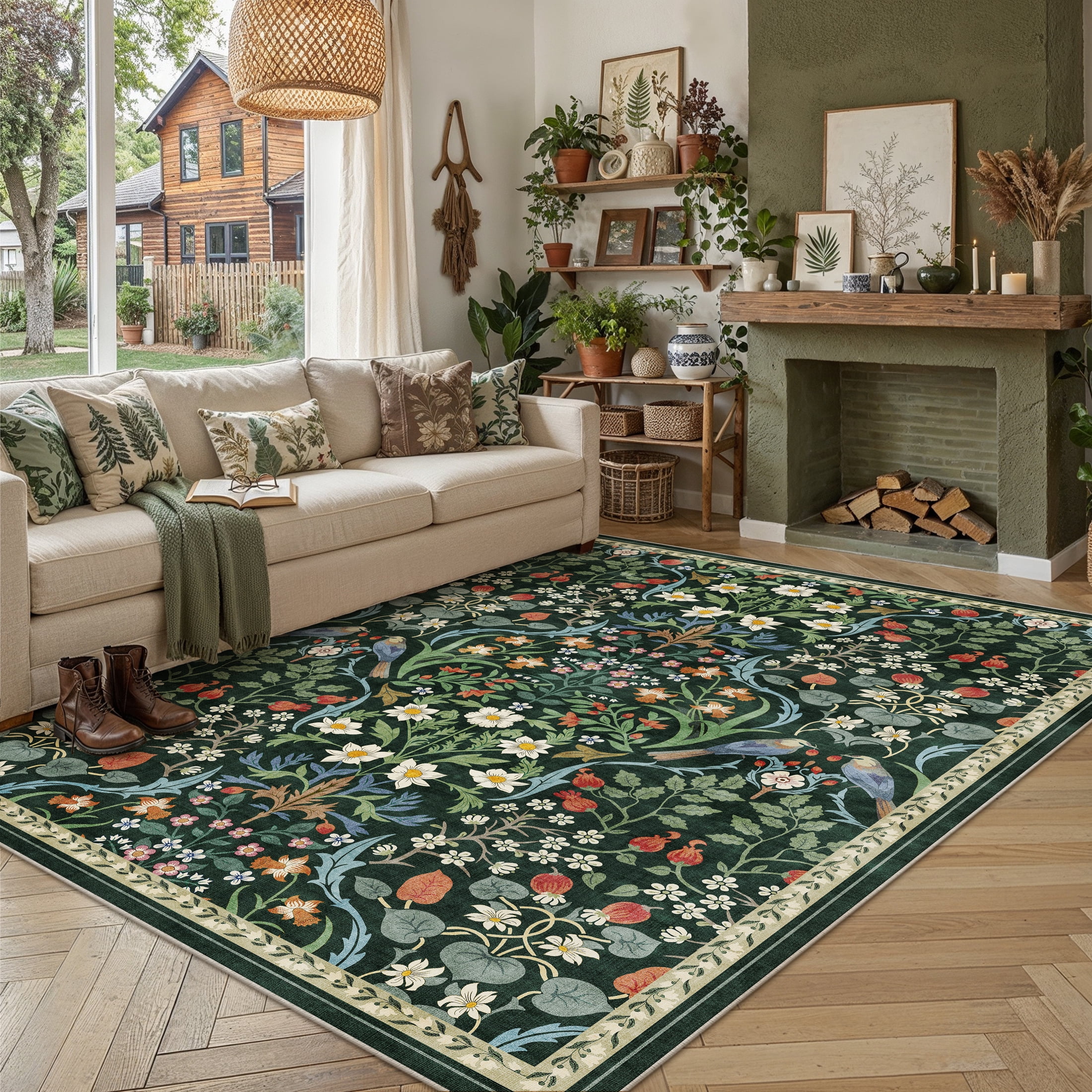 BERTHMEER 8'x10' Area Rugs Washable Non Slip Floral Carpets for Living Room Bedroom Kitchen Office Large Rugs Vintage Green Farmhouse Dining Room Oriental Flower Rugs, Multicolor