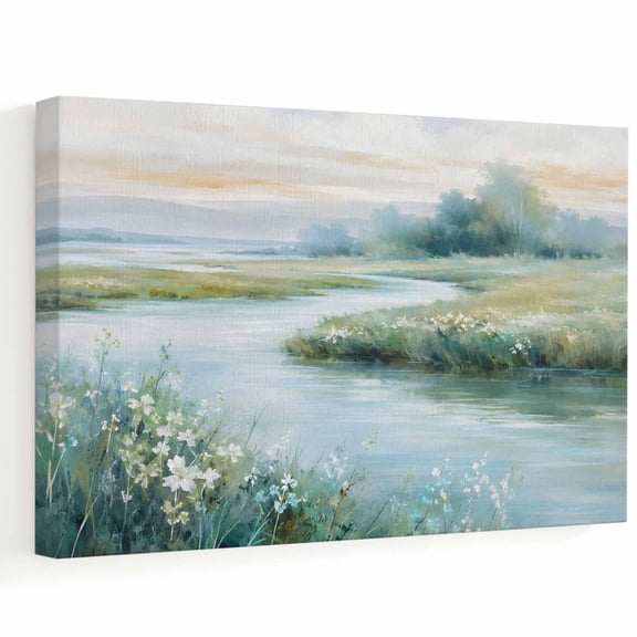 Rustic Nature Landscape Canvas Wall Art, Watercolors Winding River Grass Hills Wooden‑Stretched Canvas Print Artwork, Home Wall Decor for Living Room Bedroom Office 16"Lx12"W