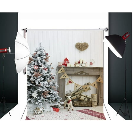 Image of HelloDecor Polyester Fabric 5x7ft Christmas Photography White wall Christmas Tree Backdrop