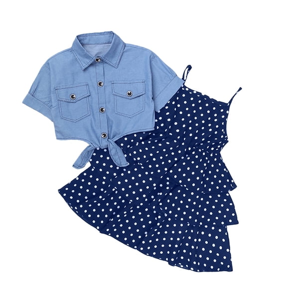 Outfit for Girls 7-8 Girls Summer Fashion Clothes Short Sleeve Jacket Dress Outfits Set Blue, 6-7 Years