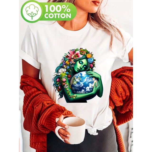 Women's High-Quality Earth & Floral Print T-Shirt, Soft 100% Cotton Short Sleeve Crew Neck Top, Casual Summer & Spring Tee with Mother Earth Design, Casual Wear | Meaningful Fashion | Glossy