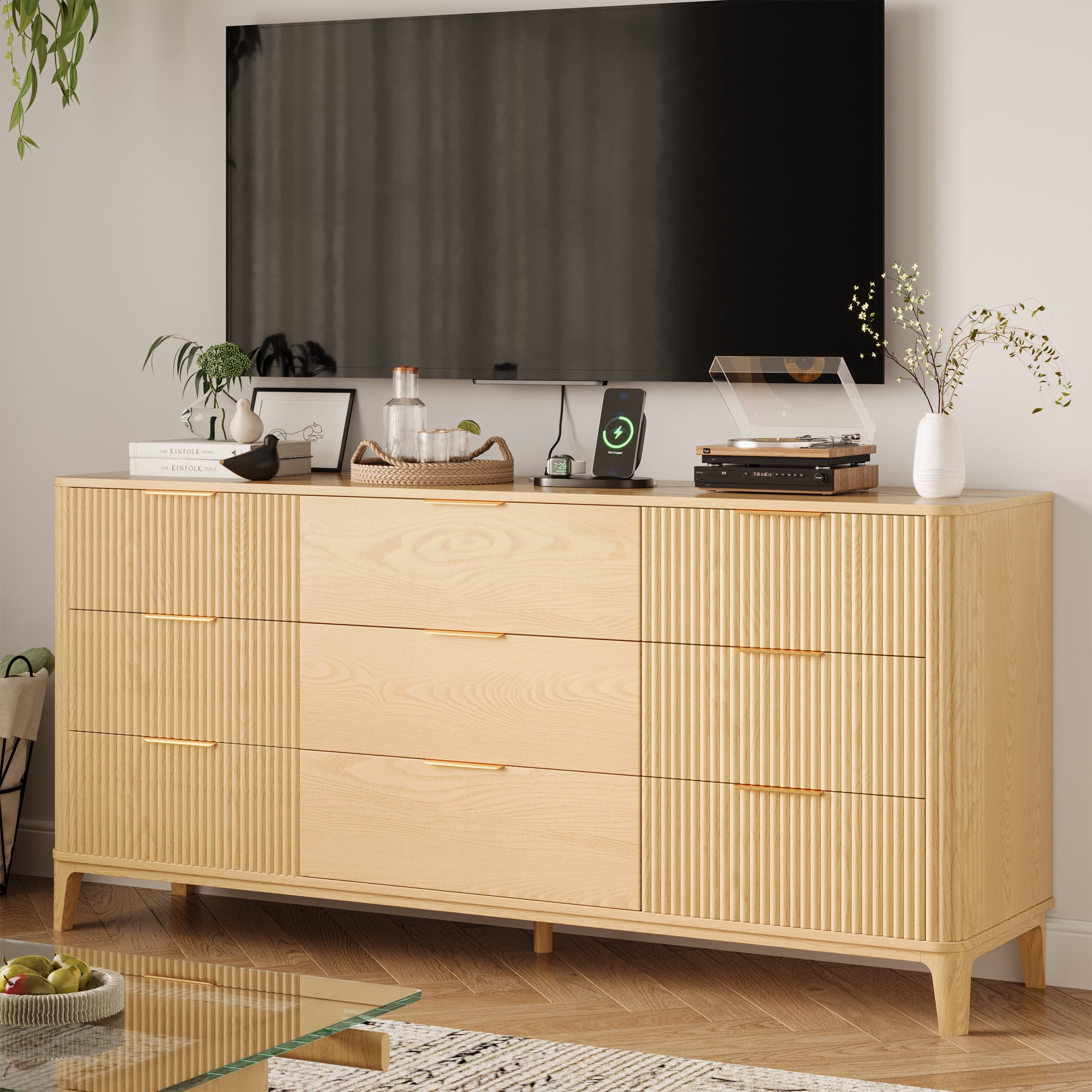 UGTOO 62.9" Extra length 9-Drawers Dresser, Natural Wood Storage Cabinet with Gold Handles Multi-Functional Organizer for Bedroom, Living Room & Kitchen, 25 lbs/Drawer Capacity