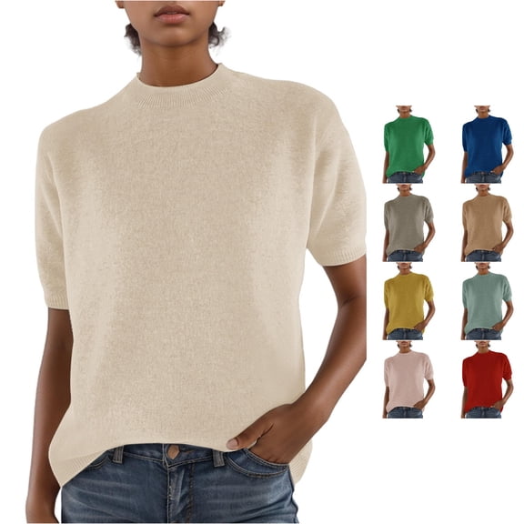 Trendfront Womens Neck Sweater Top Short Sleeve Ribbed Knit Relaxed Fit Casual Fall Pullover Cool Weather Wear