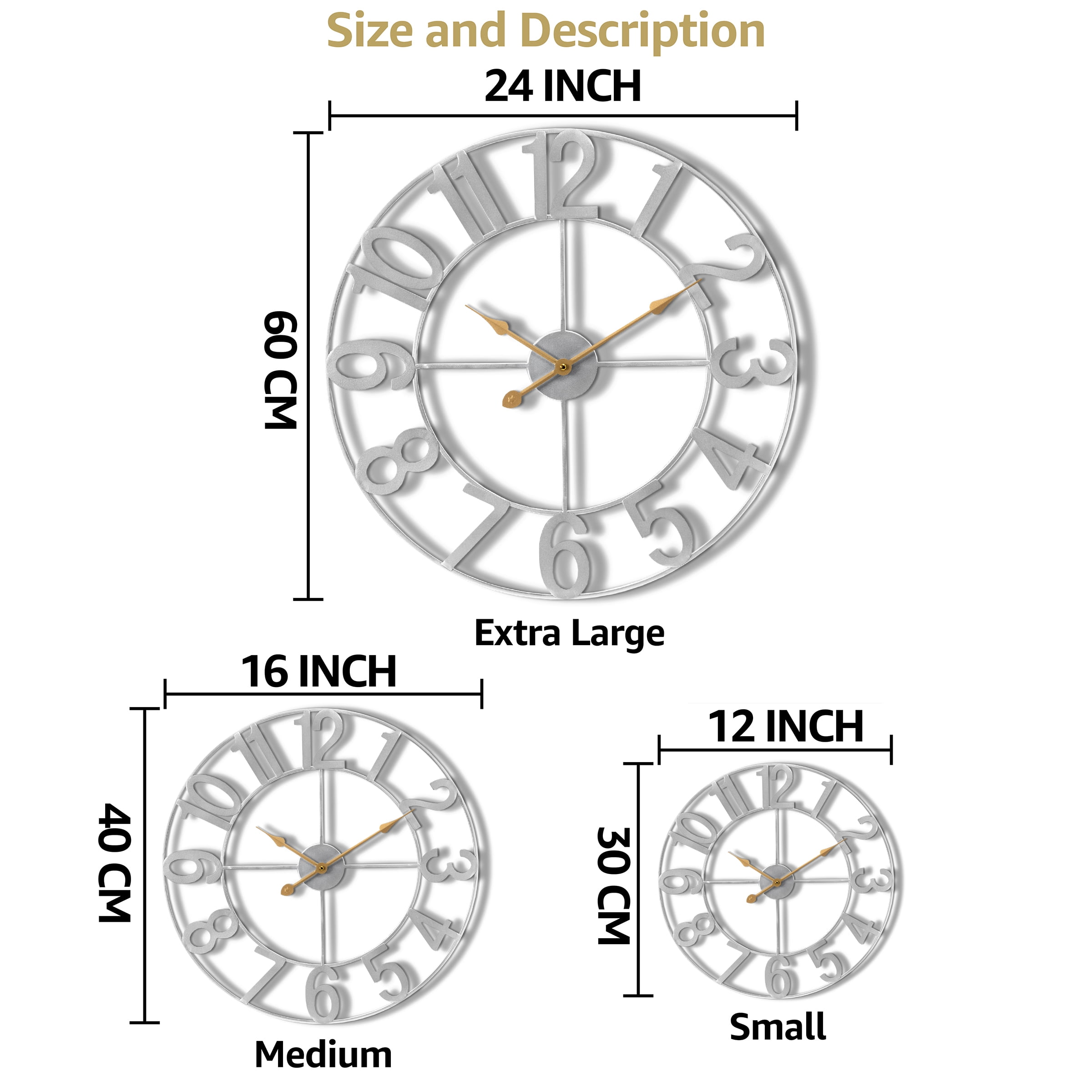 Sorbus Large Metal Numerical Wall Clock for Living Room Decor (Silver, 16" Diameter)