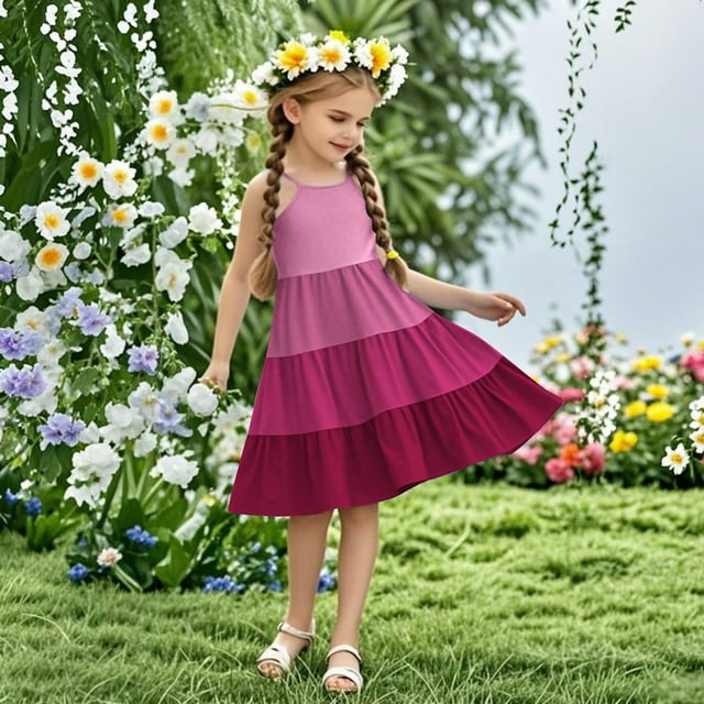 Pisexur Robes Fille Robes Mignonnes pour Filles Robe d'Été Bohème Sans Manches à Bretelles Smockée à Volants Rose Vif,11 Ans