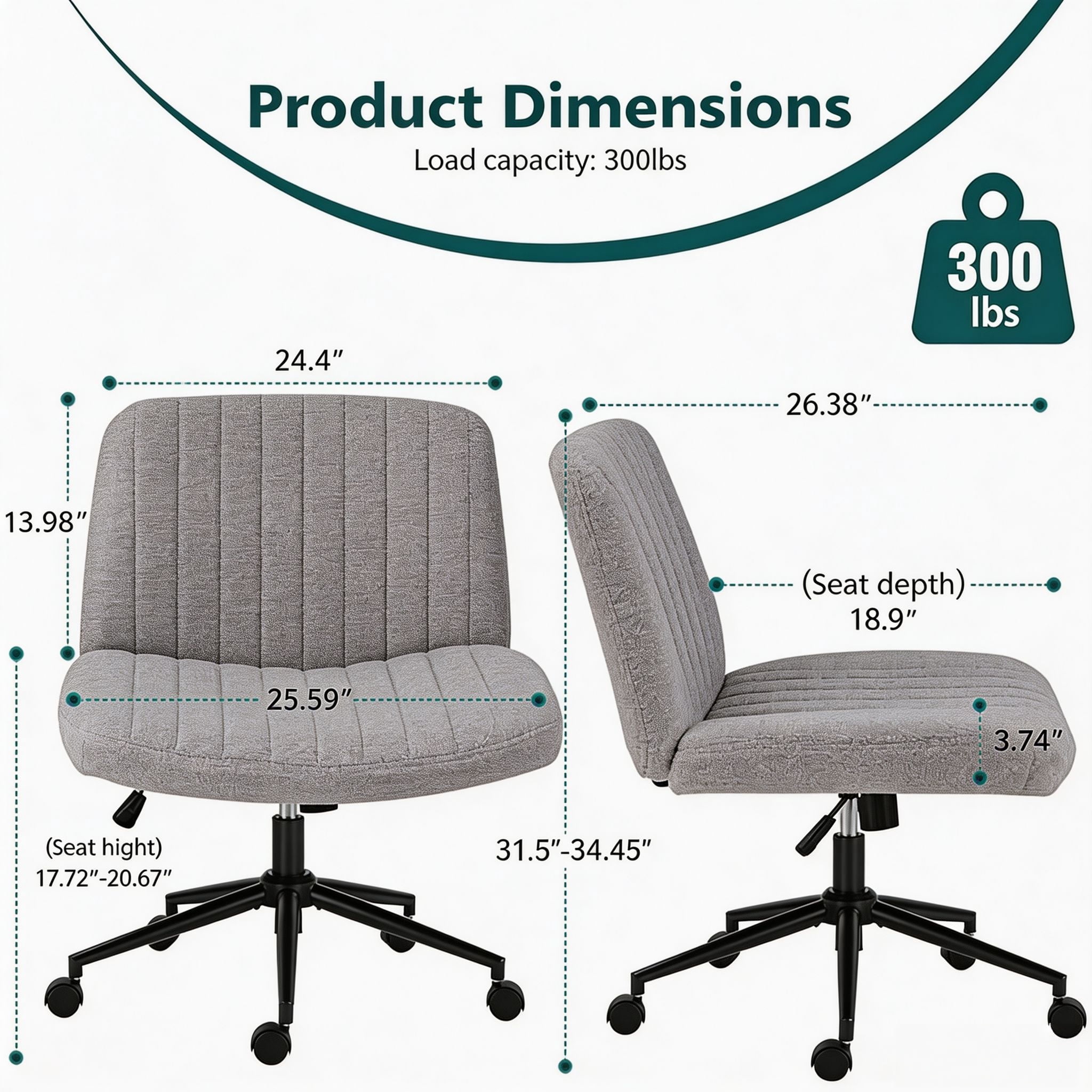 Office Desk and Vanity Chair, Armless Cross-Legged Swivel Task Chair with Wide Fabric Seat, Height Adjustment, and Replaceable Wheels or Fixed Base