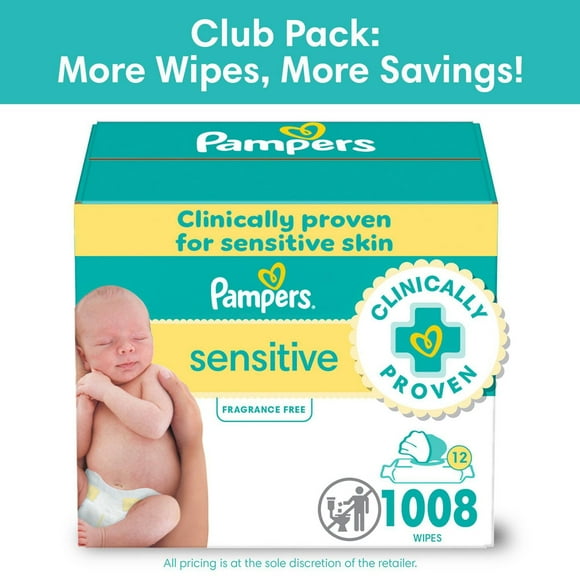 Lingettes pour bébés Pampers Sensitive, éprouvées en clinique, à base d’eau, hypoallergéniques et non parfumées, total de 1008 lingettes pour bébés (12X emballages rabattables)