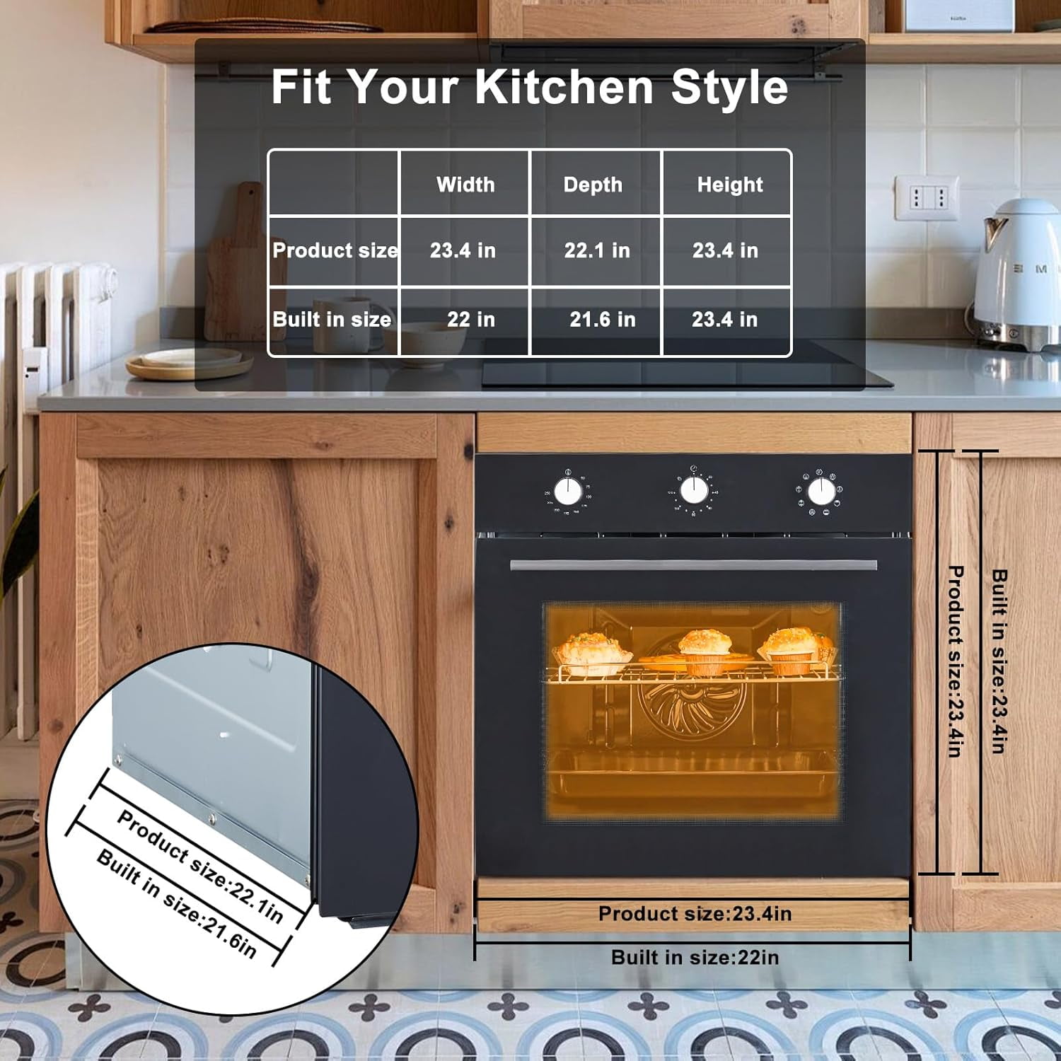 Single Wall Oven 24" Built-In Electric Ovens With Mechanical Knobs Control, 70L, 3000W, 8 Baking Modes, With Air Frying Function, 3D Surround Heating With Double-Layered Glass Door