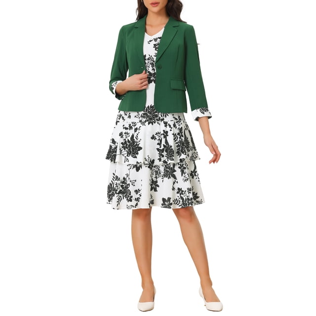 Conjunto de 2 piezas para mujer INSPIRE CHIC con blazer de solapa y vestido en capas, color verde