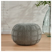 Knitted Cotton Pouf 20x20 Round - Modern Floor Cushion, Soft Knit Ottoman, Cozy Home Decor, Living Room & Bedroom Accent - Yuny Grey   Cotton