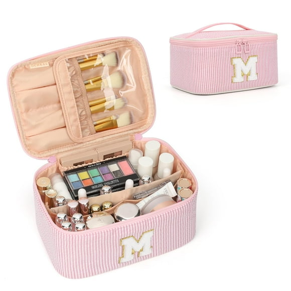Bolsa de maquillaje OCHEAL Monogram con soporte para brochas de nailon rosa